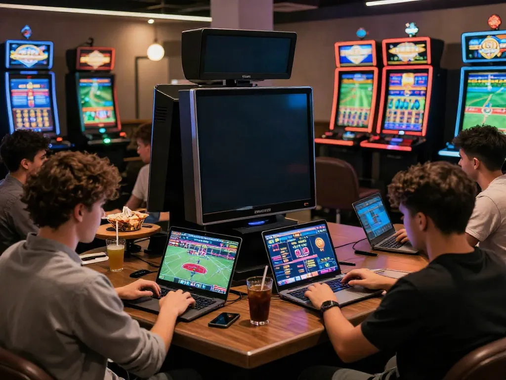 Players enjoying TX88's online gaming platforms with vibrant screens and social interaction.