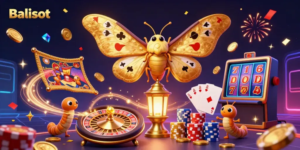 Balislot showcases a 3D cartoon atlas moth and casino elements in vivid celebration.