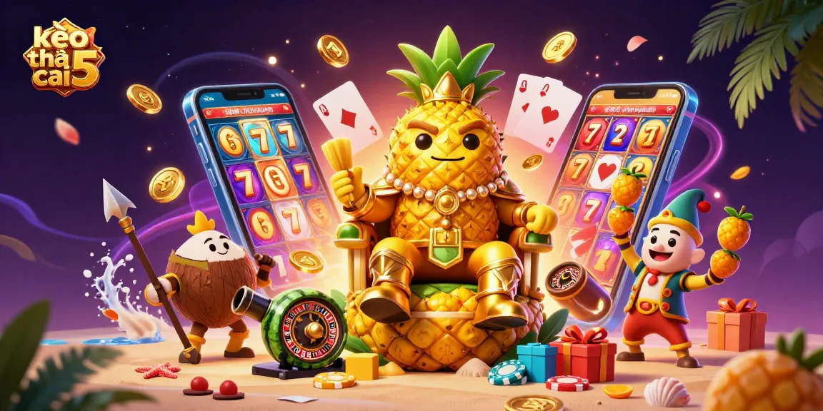 Engaging kèo nhà cái 5 scene featuring a golden pineapple king and vibrant slot game elements.