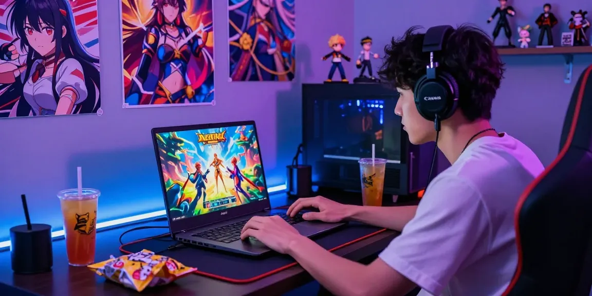 Gamer engaged in ecchi games on a laptop, colorful anime decor and snacks setting a vibrant gaming atmosphere.