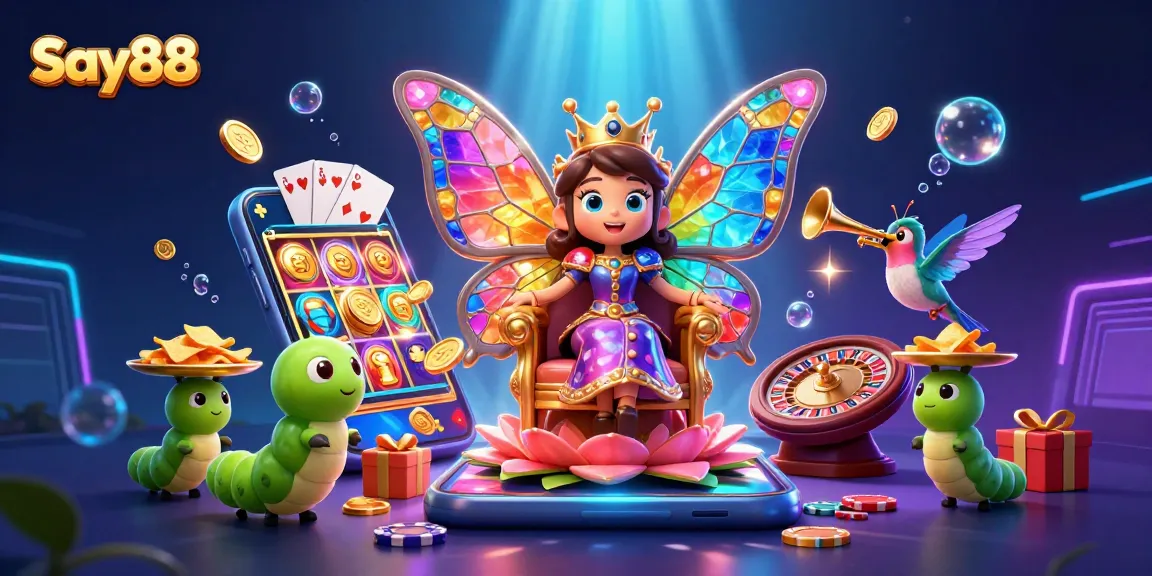 Engage in thrilling gameplay at Say88 with vibrant casino elements and a magical butterfly queen.