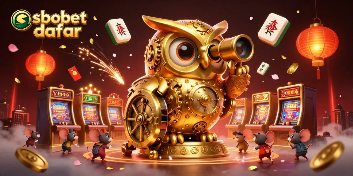 Engage with sbobet daftar in a vibrant casino scene, featuring a golden owl and dynamic gaming elements.