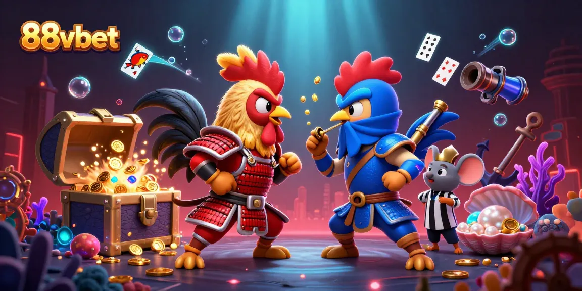 Engage in thrilling bets at 88vbet with dynamic cockfight scene featuring unique characters.