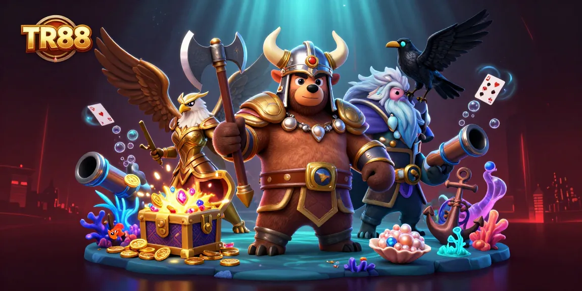 Engage in thrilling gaming action with TR88 featuring a Viking berserker bear and Valkyrie eagle in an enchanting casino scene.