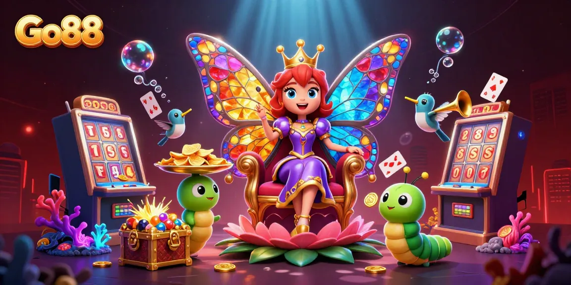 Engage in the world of Go88 with vibrant visuals featuring a butterfly queen and casino elements.