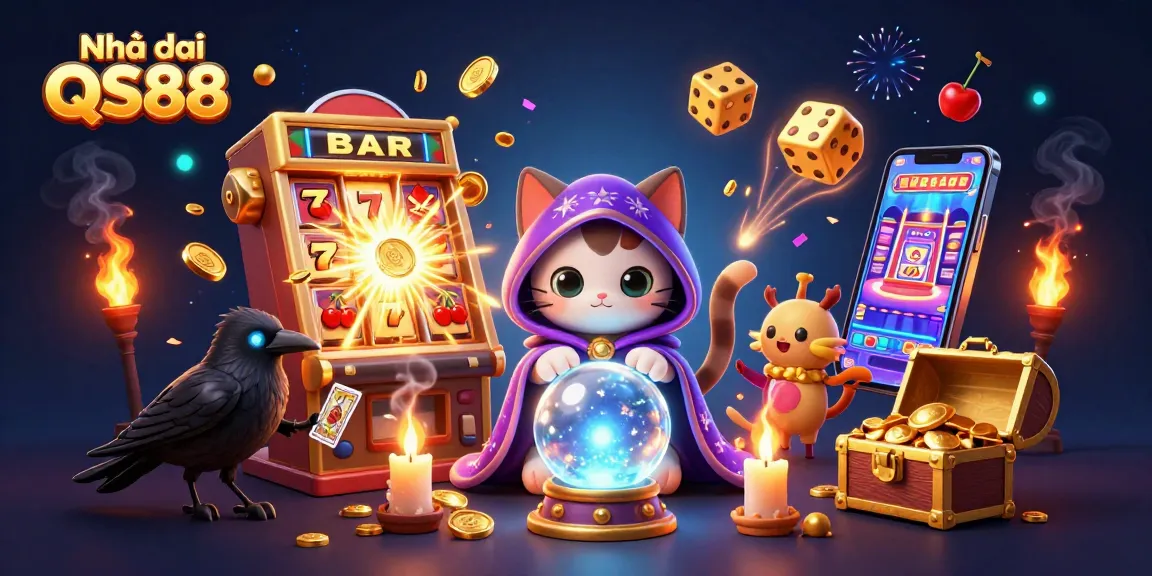 Engage with Nhà cái QS88 at a vibrant, dynamic illustration showcasing exciting casino games and characters.