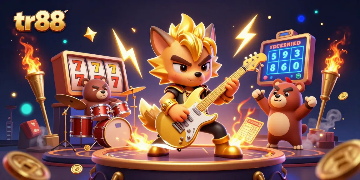 tr88 offers thrilling slots action with a golden wolf rock star and a wild drummer bear.