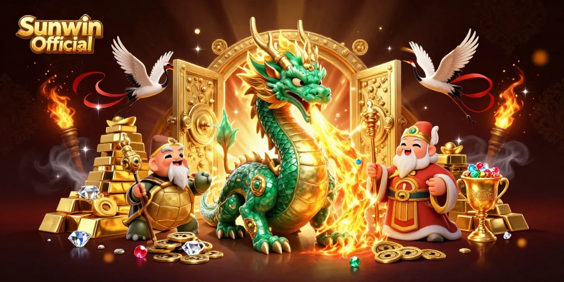 Experience the thrill of Sunwin Official as a jade dragon, turtle sage, and cranes celebrate casino riches.