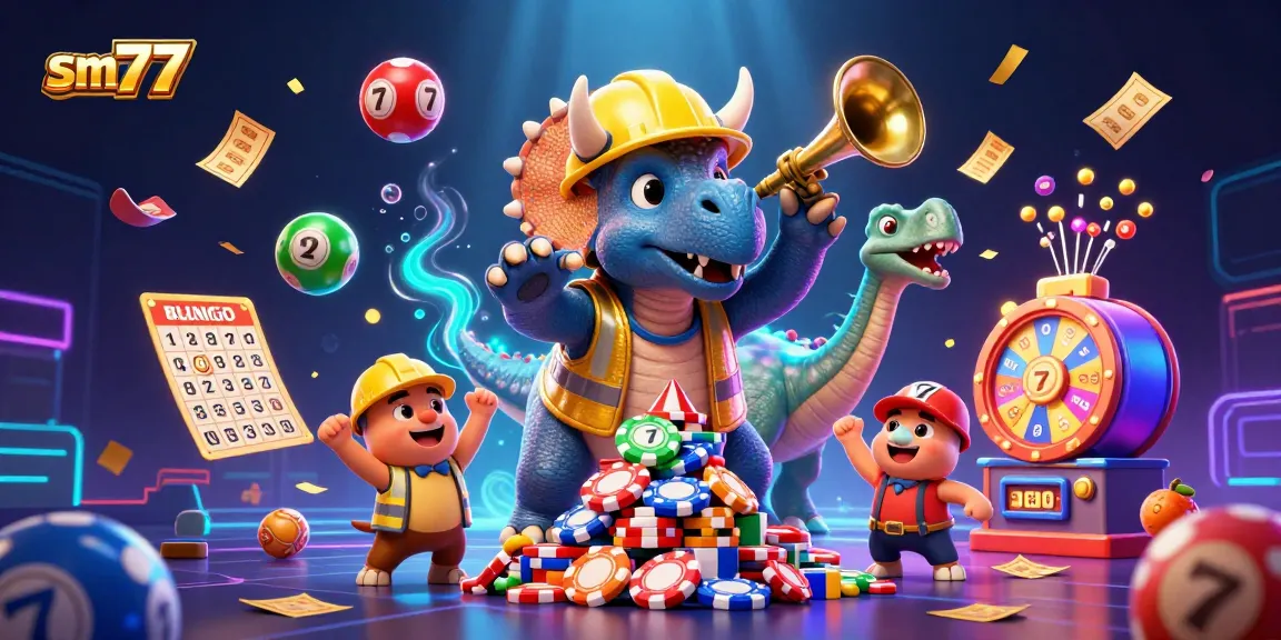Engage with the vibrant world of sm77, featuring a dynamic 3D scene of exciting casino elements.