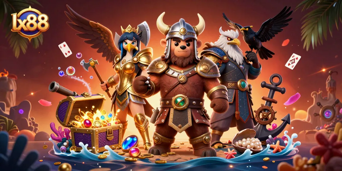 Engage with lx88's vibrant scene featuring a Viking bear and Valkyrie eagle amidst dynamic gaming elements.