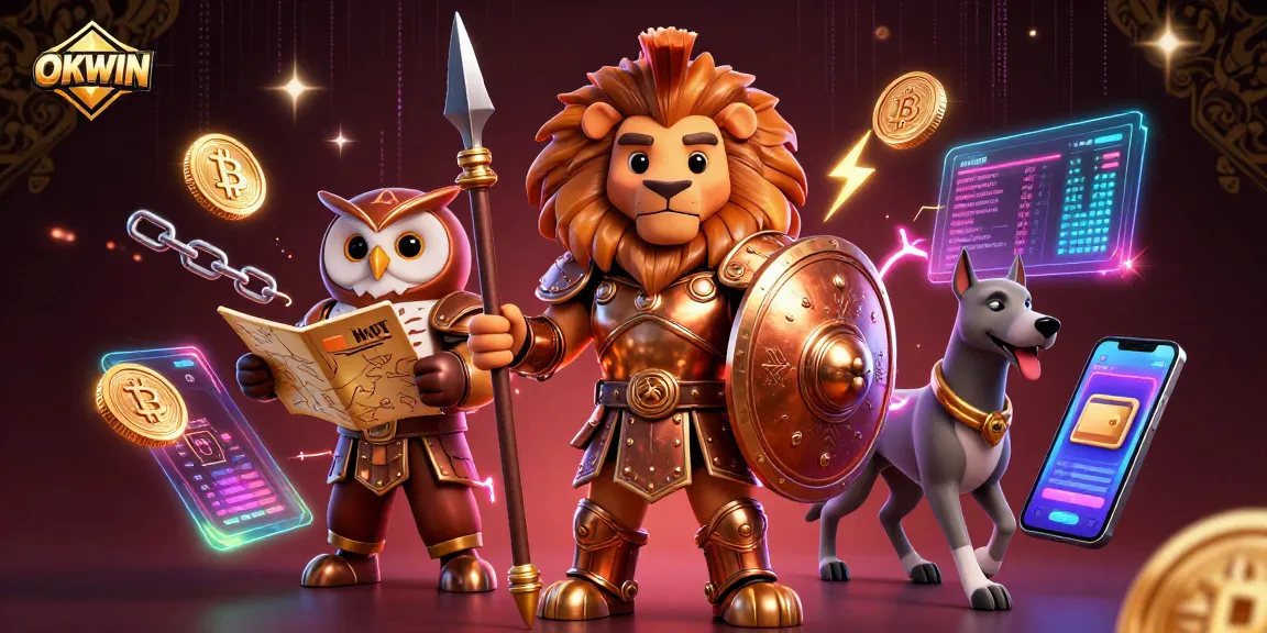 Experience the thrilling world of OKWIN with a 3D illustration featuring a Spartan lion, owl strategist, and greyhound messenger.