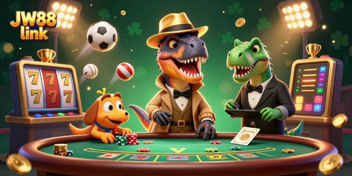 Experience thrilling gaming action with JW88 link featuring a velociraptor at a blackjack table in an exciting casino scene.