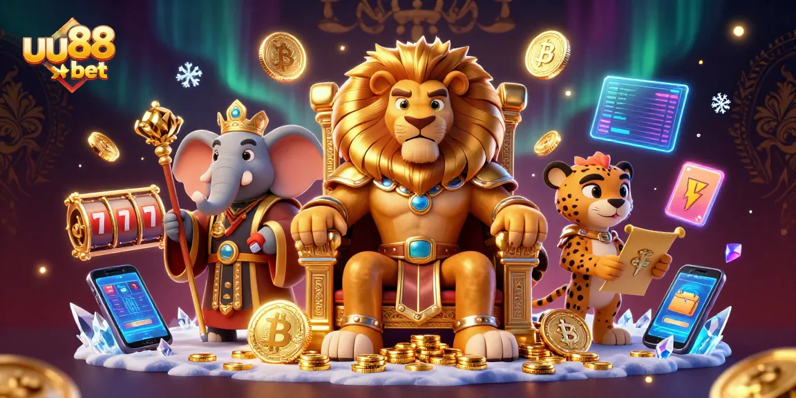 Experience the thrill of uu88 bet with a fierce lion king and vibrant casino elements.