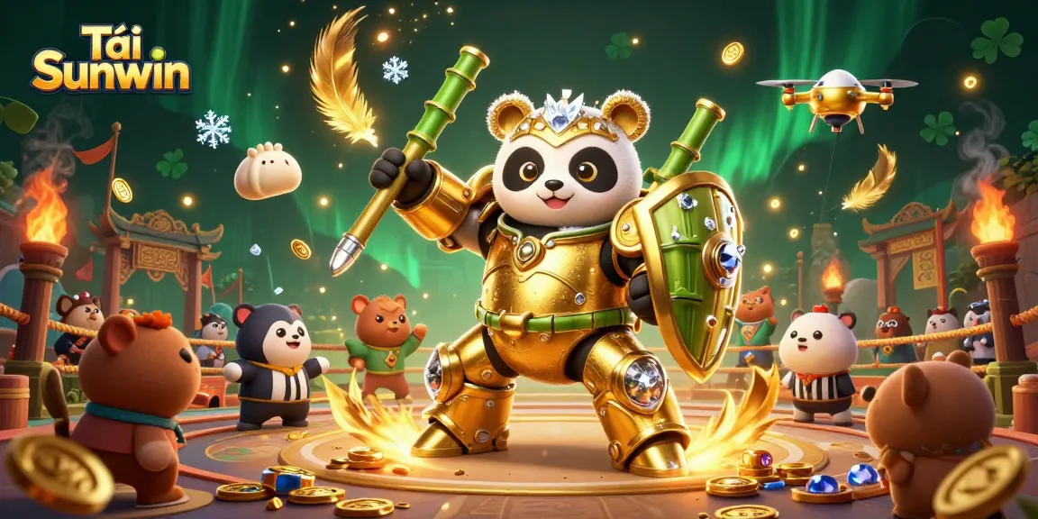Tải Sunwin: Experience exciting gameplay with our dynamic 3D illustration featuring a panda hero in action.
