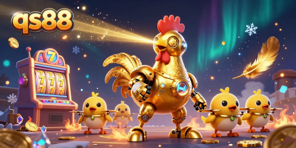 Engage with the thrilling qs88 gaming experience featuring a golden rooster robot and slot machines.