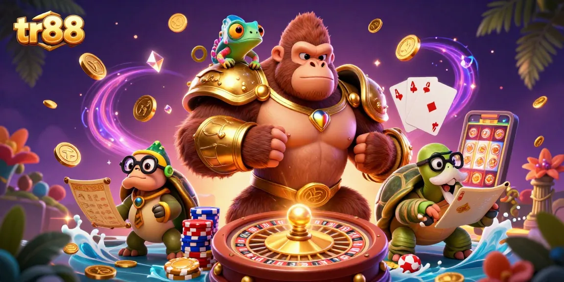 Experience thrilling moments at TR88 with a gorilla king, colorful gems, and exciting casino games swirling around.
