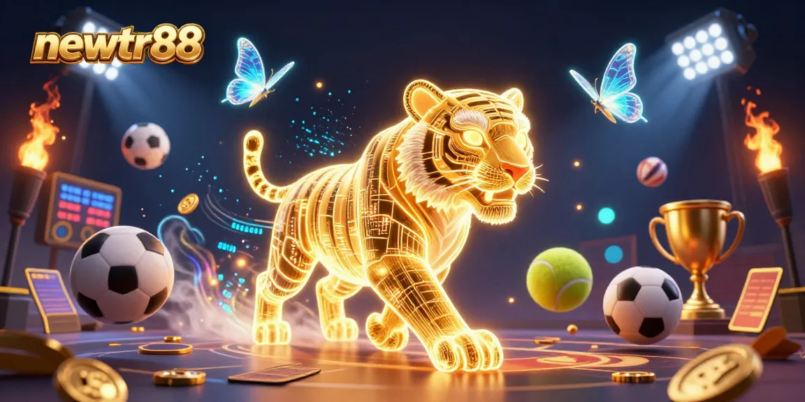 Experience the excitement of newtr88's digital casino with a golden tiger and vibrant sports elements.
