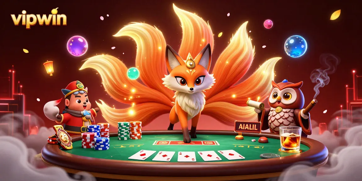 Experience thrilling gameplay at vipwin with a vibrant poker scene featuring a colorful fox spirit and owl.