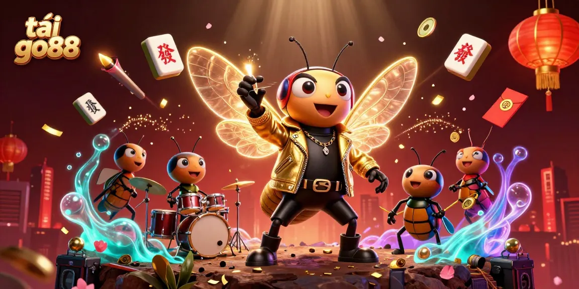 Engage with the vibrant scene of tải go88 featuring a cicada rock star and colorful casino elements.