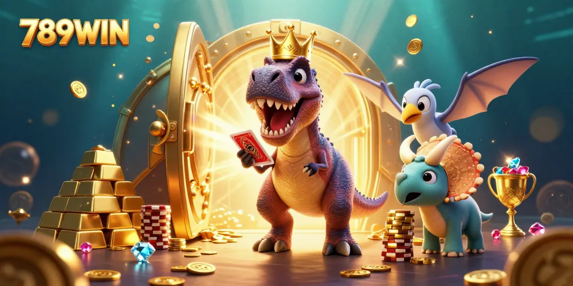 Capture thrilling 789WIN moments with T-Rex, Pterodactyl, and Triceratops in a dynamic casino scene.