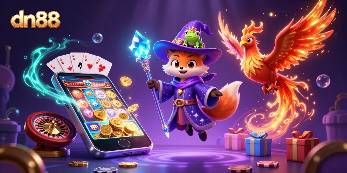Experience excitement at dn88 with a magical casino scene featuring a wizard fox, phoenix, and dynamic gaming elements.