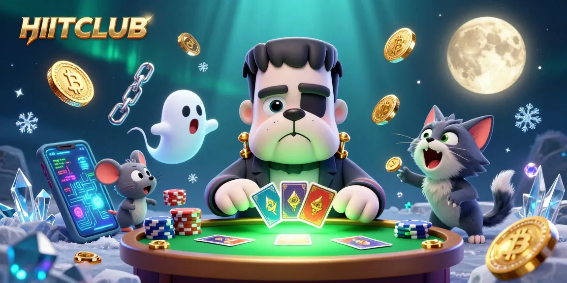 HITCLUB presents an exciting 3D casino scene with a bulldog dealing cards amidst Bitcoin elements.